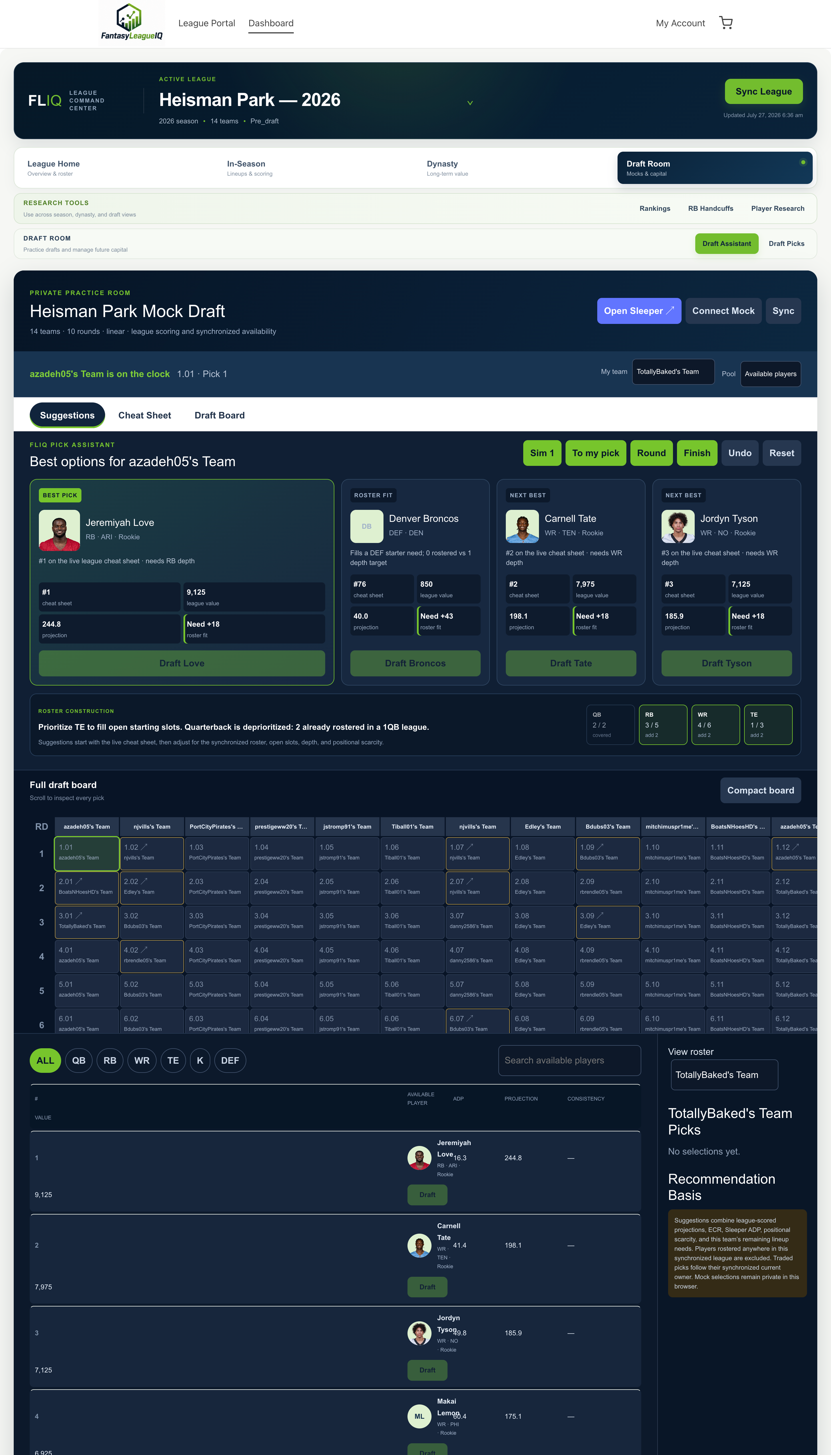 FantasyLeagueIQ fantasy football Draft Room