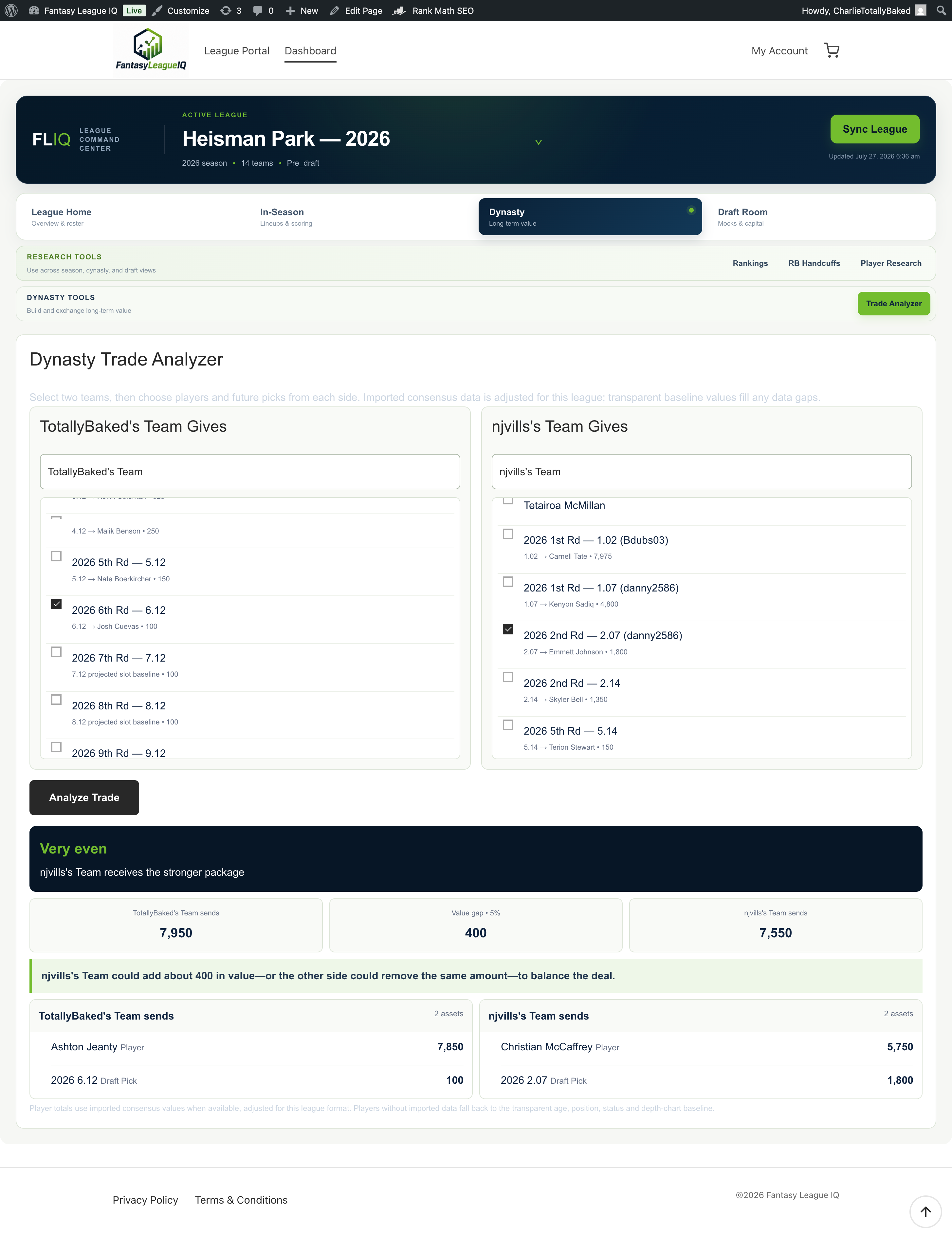FantasyLeagueIQ dynasty fantasy football Trade Analyzer